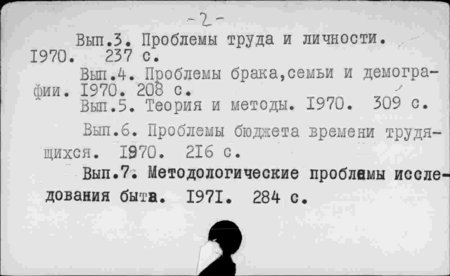 ﻿Вып.З. Проблемы труда и личности. 1970.	237 с.
Выл.4. Проблемы брака,семьи и демографии. 1970. 208 с.	/
Выл.5. Теория и методы. 1970. 309 с.
Выл.6. Проблемы бюджета времени трудящихся. 1970. 216 с.
Вып.7. Методологические проблемы иссле дования быта. 1971. 284 с.